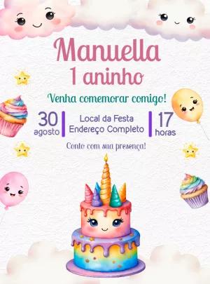 Convite Aniversário Unicórnio com Bolo Fofo para Editar Online