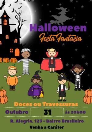 Convite Halloween com Crianças Fantasiadas para Editar Online