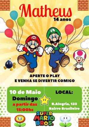 Convite de Aniversário Super Mario e Luigi para Editar Online