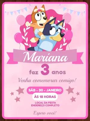 Convite Aniversário Bluey e Bingo Rosa para Editar Online