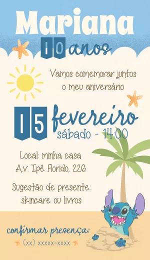 Convite de Aniversário Stitch na Praia para Editar Online