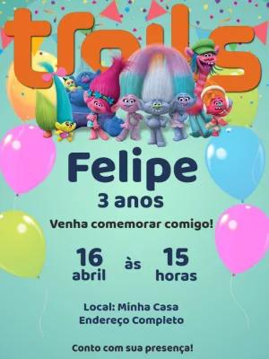 Convite de Aniversário Trolls com Personagens para Editar Online