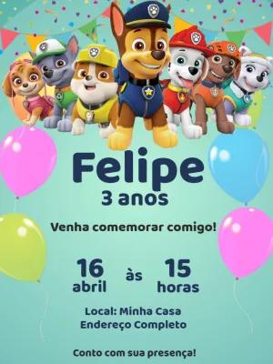 Convite Aniversário Patrulha Canina com Personagens para Editar