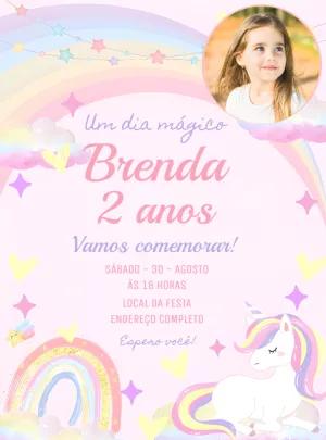 Convite de Aniversário Unicórnio Mágico com Foto Editável