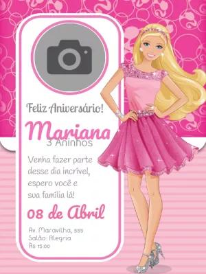 Convite de Aniversário Barbie com Foto para Editar Online Grátis