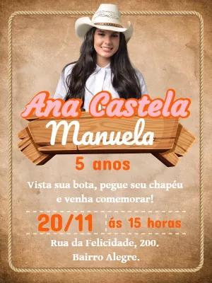 Convite Aniversário Ana Castela Boiadeira com Foto para Editar