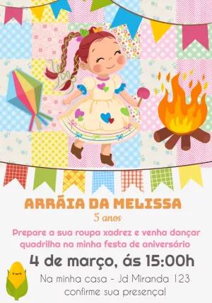 Convite Aniversário Festa Junina Menina Caipira para Editar