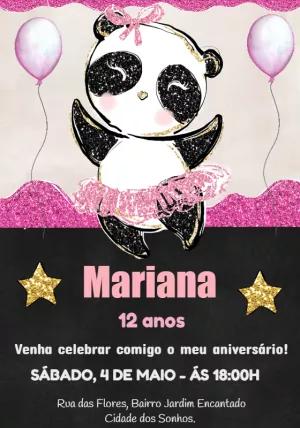 Convite Aniversário Panda Rosa Glitter para Editar Online
