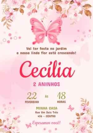 Convite Aniversário Jardim Borboletas Rosa para Editar Online