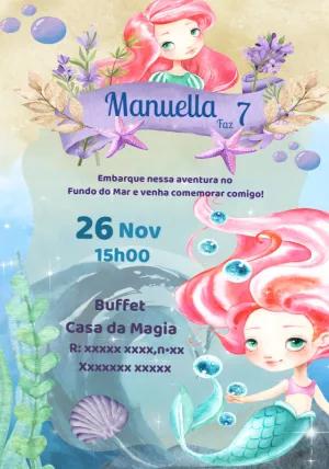 Convite de Aniversário Sereia Aquarela para Editar Online