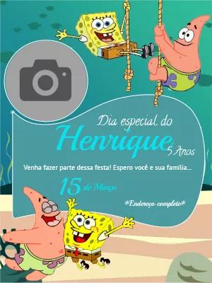 Convite Aniversário Bob Esponja com Foto para Editar Online