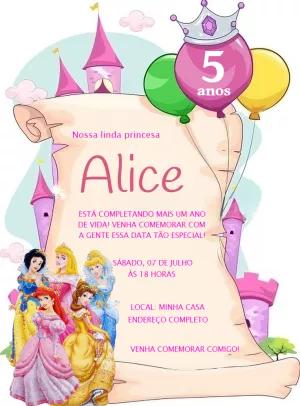 Convite de Aniversário Princesas Disney para Editar Online
