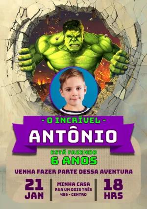 Convite de Aniversário Incrível Hulk com Foto para Editar