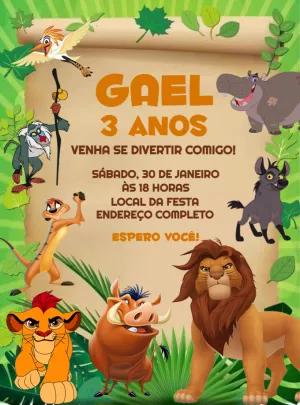 Convite de Aniversário Rei Leão com Personagens para Editar