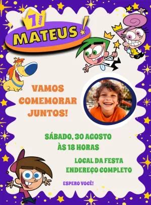 Convite de Aniversário Padrinhos Mágicos com Foto para Editar