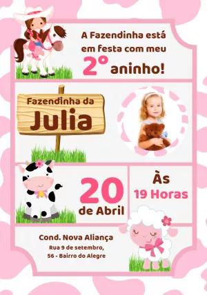 Convite Aniversário Fazendinha Rosa com Foto para Editar Online