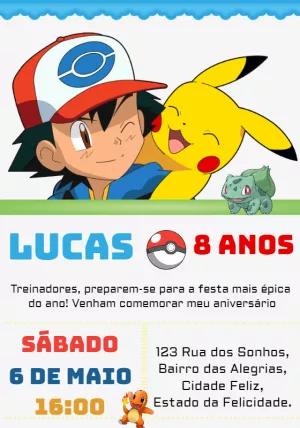 Convite de Aniversário Pokémon com Ash e Pikachu para Editar