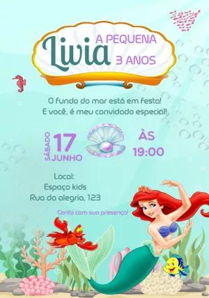 Convite de Aniversário Pequena Sereia para Editar Online