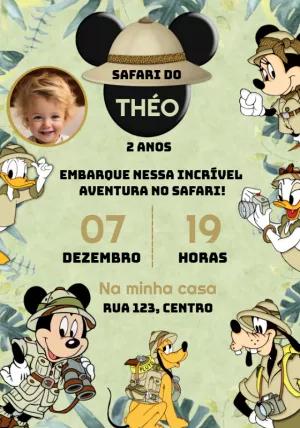 Convite Aniversário Mickey Safari com Foto para Editar Online
