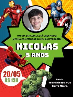 Convite Aniversário Vingadores com Foto para Editar Online