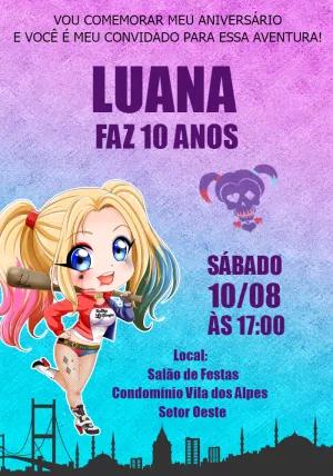 Convite de Aniversário Arlequina para Editar e Enviar Online