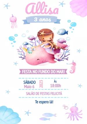 Convite de Aniversário Sereia Fundo do Mar para Editar