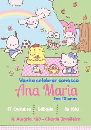 Convite Aniversário Hello Kitty e Amigos para Editar Online