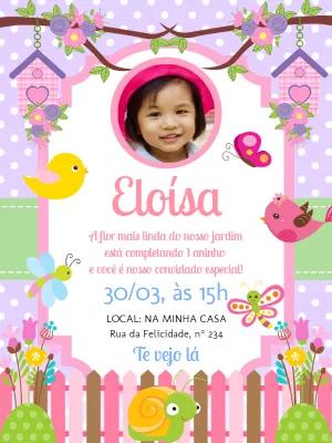 Convite Aniversário Jardim Encantado com Foto para Editar Online