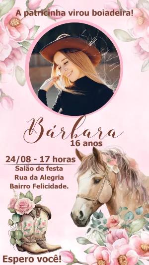 Convite Aniversário Boiadeira Rosa com Foto para Editar Online