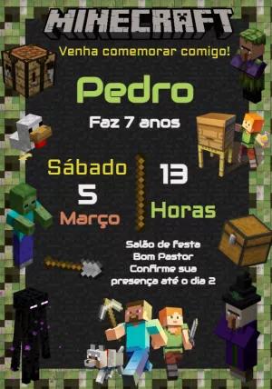 Convite de Aniversário Minecraft com Personagens para Editar Online