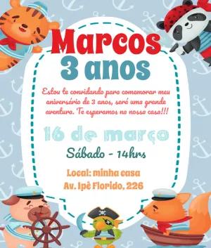 Convite de Aniversário Safari Pirata com Animais para Editar