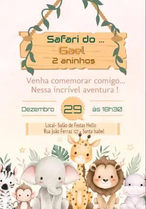 Convite Aniversário Safari com Animais Fofos para Editar Online