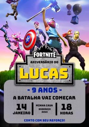 Convite Aniversário Fortnite com Personagens para Editar Online