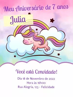 Convite de Aniversário Unicórnio Fofo para Editar Online