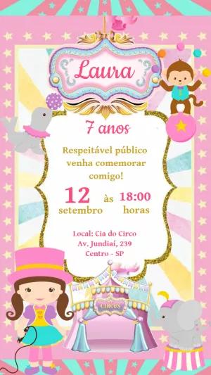 Convite Aniversário Circo Rosa Menina para Editar Online