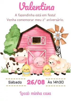 Convite Aniversário Fazendinha Rosa com Animais para Editar