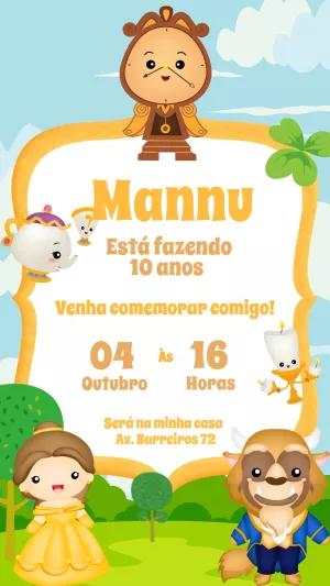 Convite Aniversário A Bela e a Fera Fofo para Editar Online