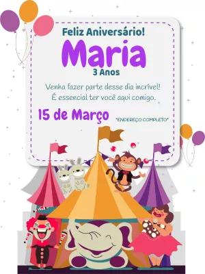 Convite de Aniversário Circo com Personagens para Editar Online