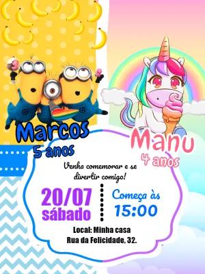 Convite Aniversário Duplo Minions e Unicórnio para Editar