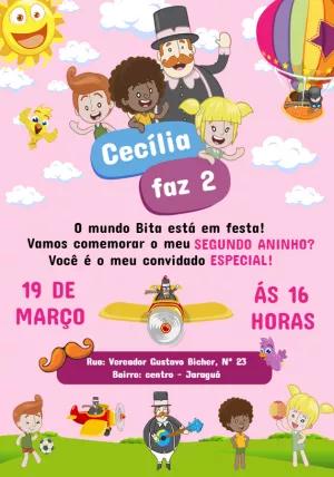 Convite Aniversário Mundo Bita com Personagens para Editar Online