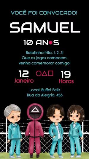 Convite de Aniversário Round 6 com Personagens para Editar