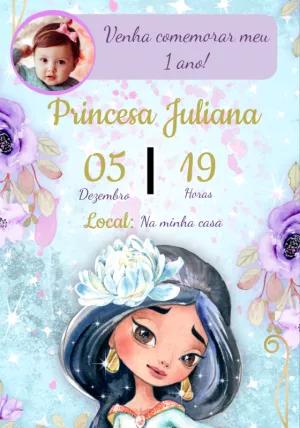 Convite Aniversário Princesa Jasmine com Foto para Editar Online