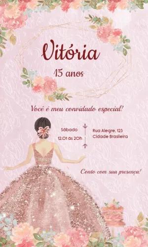 Convite 15 Anos Rosa Glitter Floral para Editar Online