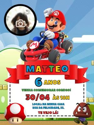 Convite de Aniversário Mario Kart com Foto para Editar Online