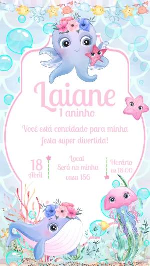 Convite Aniversário Fundo do Mar com Animais para Editar Online