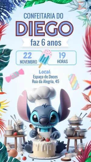 Convite Aniversário Stitch Confeiteiro para Editar Online