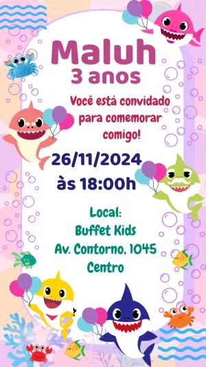 Convite de Aniversário Baby Shark com Personagens para Editar