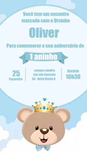 Convite Aniversário Ursinho Príncipe para Editar Online