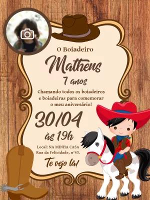 Convite Aniversário Boiadeiro com Foto para Editar Online