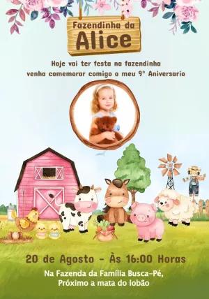 Convite Aniversário Fazendinha com Foto para Editar Online
